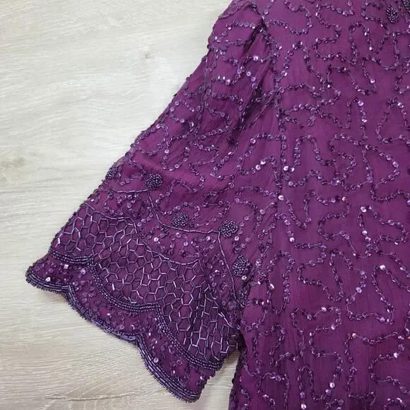 Vintage 90's Purple Beaded Short Sleeve Dress With Shoulder Pads Womens Size 2X - Picture 7 of 16